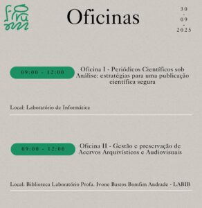 Card with a light beige background and green details. At the top, the title “Workshops” is displayed, the date 09/30/2025 is on the right, and the “Forum” logo is on the left. The program includes: 09:00 – 12:00 Workshop I – Scientific Journals under Analysis: strategies for secure scientific publication (Location: Computer Lab); and 09:00 – 12:00 Workshop II – Management and preservation of Archival and Audiovisual Collections (Location: Prof. Ivone Bastos Bomfim Andrade Laboratory Library – LABIB).